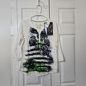 White Top With Blue & Green Design With Rhinestone Embelishments, Medium, NWT